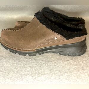Columbia Cortina Brown Suede Leather Mules‎ Faux Fur Lined Slide 7.5 Pre Loved